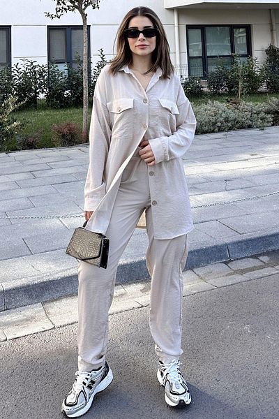 NEW LAVİVA Women's Beige Double Pocket Long Shirt & Elastic Waist Pants - Comfortable Bottom & Top Set