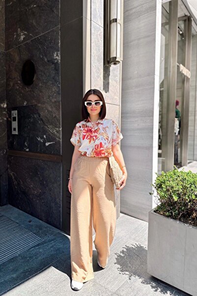 NEW LAVİVA Beige Spanish Loose Leg, Elastic Waist, Linen/Airobin Fabric, Loose, Pocketed, Inner Wearing Pants