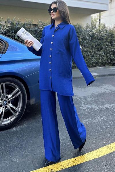 NEW LAVİVA Blue Seersucker Women's Shirt and Trousers Set - Double Pocket, Wide Leg