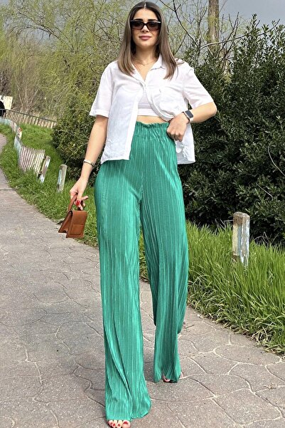 NEW LAVİVA Women's Green Elastic Waist, High Waist, Loose Cut, Wide Leg Wrap Pants
