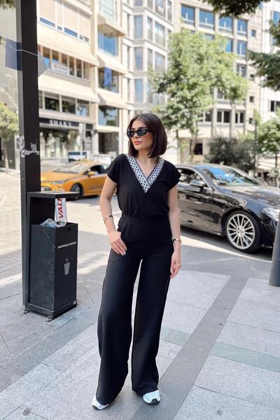 NEW LAVİVA Siyah İspanyol Bol Paça, Lastikli Bel, Keten/Airobin Kumaş, Salaş , Cepli, İç Göstermez Pantolon