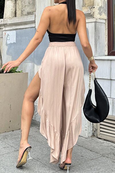 NEW LAVİVA Beige Bohemian Skirt with High Waist and Deep Side Slits - Frilly Asymmetric Cut