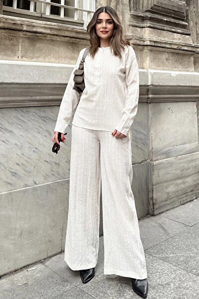 NEW LAVİVA Beige Loose Maya Suit - Buttoned Round Neck Blouse and Elastic Waist Wide Leg Trousers