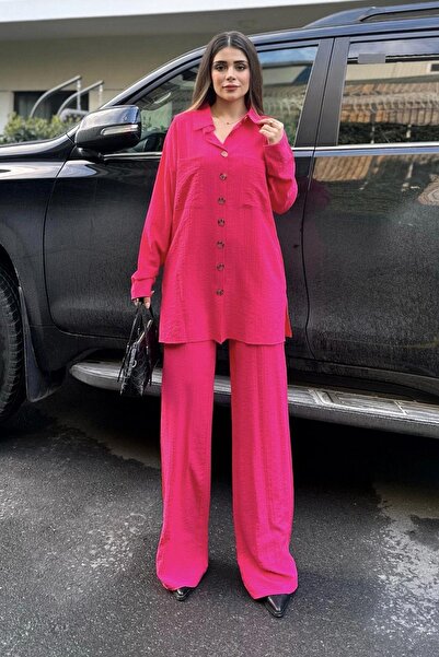 NEW LAVİVA Fuchsia Seersucker Women's Shirt and Trousers Set - Double Pocket, Wide Leg