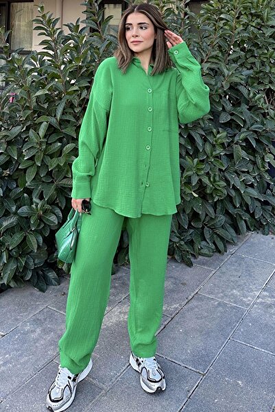 NEW LAVİVA Women's Green Loose Long Shirt & Elastic Waist Trousers - Bottom & Top Muslin Fabric Set