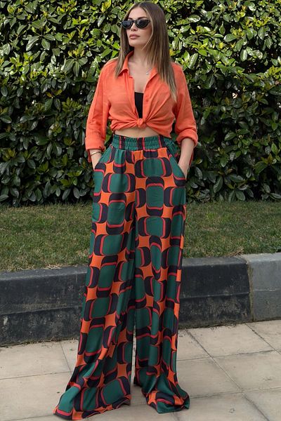 NEW LAVİVA Talie elastică portocalie, buzunare, țesătură specială spaniolă / picior lat, pantaloni confortabili - potriviti pentru hidžáb