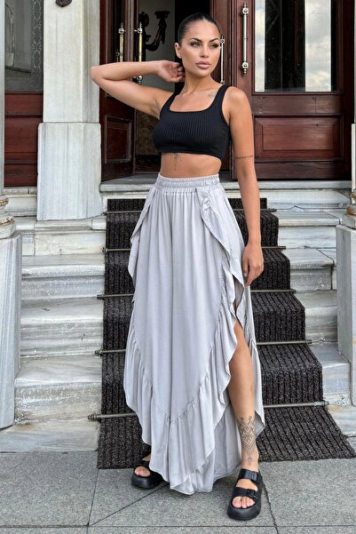 NEW LAVİVA Gray Bohemian Skirt Trousers with High Waist and Deep Side Slits - Frilly Asymmetric Cut
