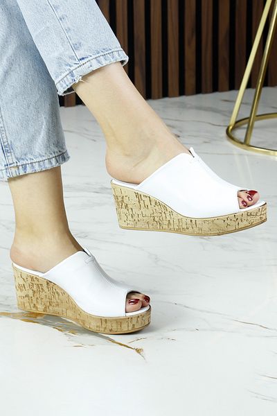 Erkan Saçmacı Mallery White Genuine Leather Open Front Cork Sole Look Wedge Heeled Slippers