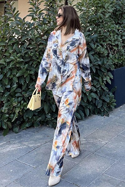 NEW LAVİVA Women's Navy & Tile Double Pocket Shirt & Wide Leg Trousers - Loose Bottom & Top Set