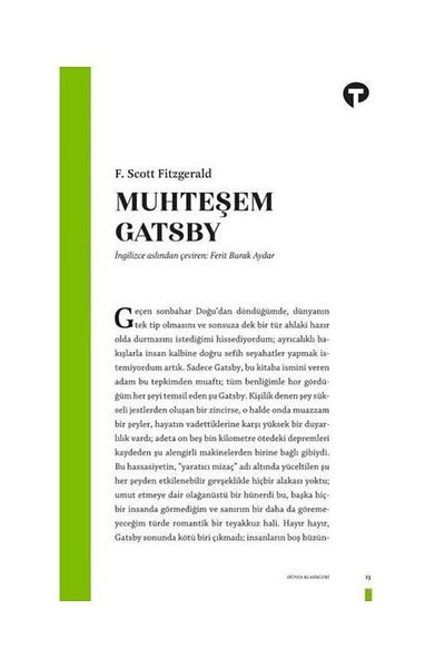 Turkuvaz Kitap The Great Gatsby, F. Scott Fitzgerald, , the Great Gatsby Book, 175 Pages