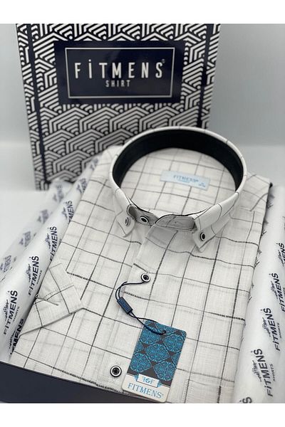 Fitmens Classic Short Sleeve Check Linen Cotton Lapel Button Gift Boxed Men's Shirt Fs-003573 - White Black