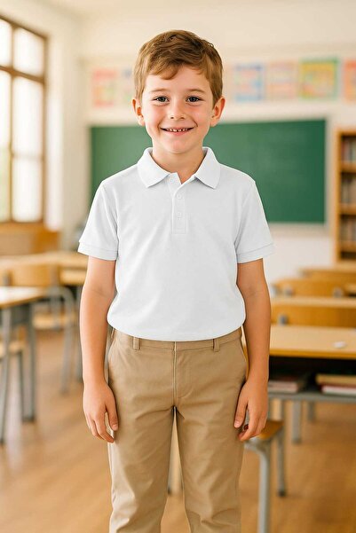 Bilge Trend Tricou școlar, tricou alb cu mânecă scurtă și gât polo, fete, băi...