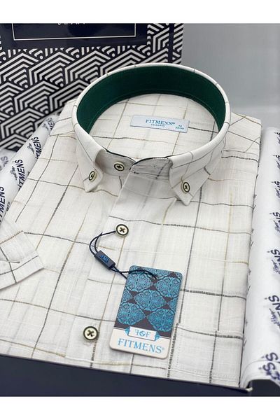 Fitmens Classic Short Sleeve Check Linen Cotton Lapel Button Gift Boxed Men's Shirt Fs-003573 - White Green