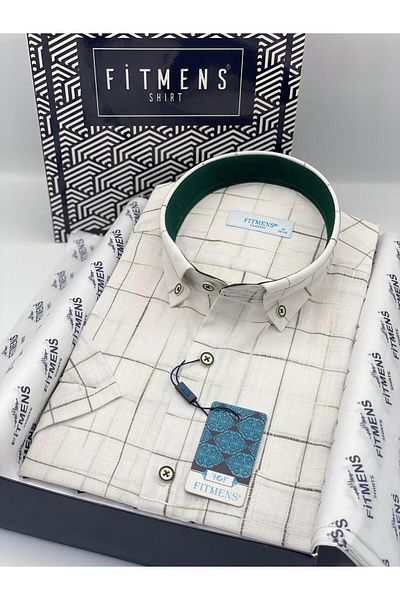 Fitmens Classic Short Sleeve Check Linen Cotton Lapel Button Gift Boxed Men's Shirt Fs-003573 - White Green