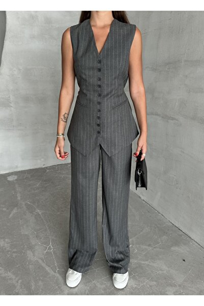 My Blog Антрацитовий смугастий безрукавний піджак і штани - 8432