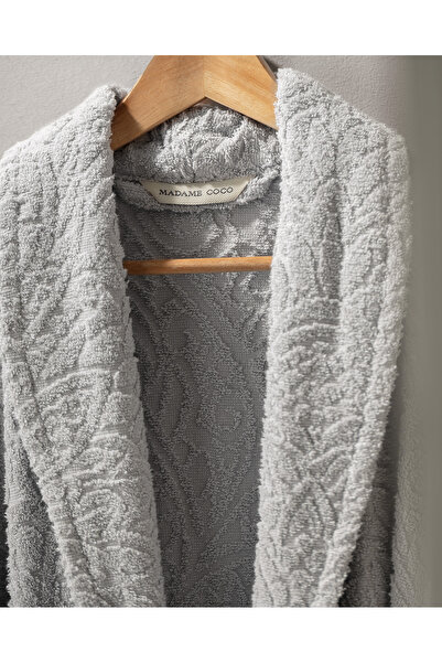 Madame Coco Bernay %100 Pamuk Jakarlı Unisex Şalyaka Bornoz - Gri - Natural Koleksiyon