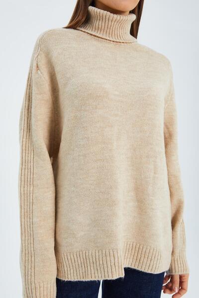 Mixray Pulover de tricotaj de damă de culoare bej 6907 - Detaliu roșu