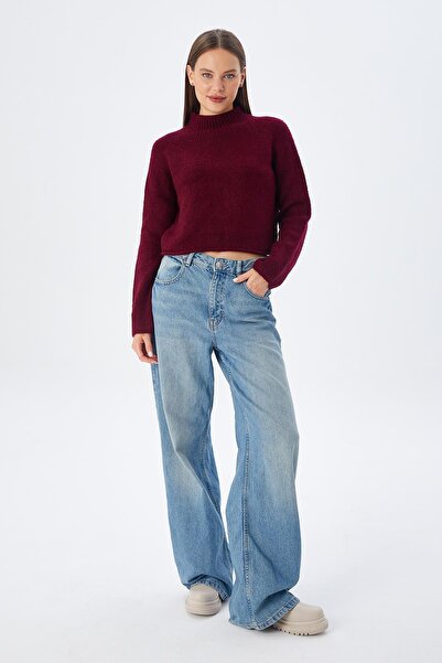 Mixray 6854 Claret Red Γυναικεία Πλεκτά Crop Πουλόβερ - Stand Collar