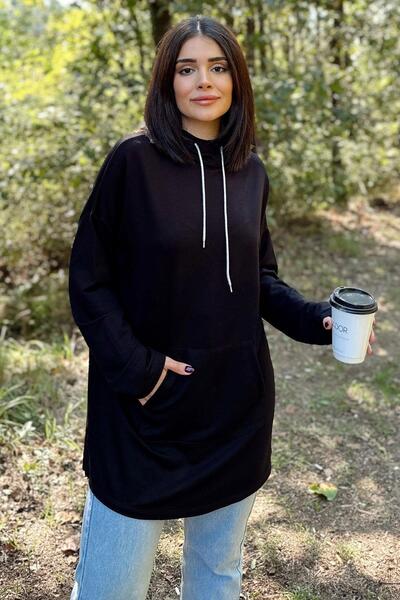 NEW LAVİVA Γυναικείο μαύρο μακρυμάνικο, γιακά με κορδόνια, κουκούλα, τσέπη καγκουρό, φαρδύ, μακρύ φούτερ τουνίκ