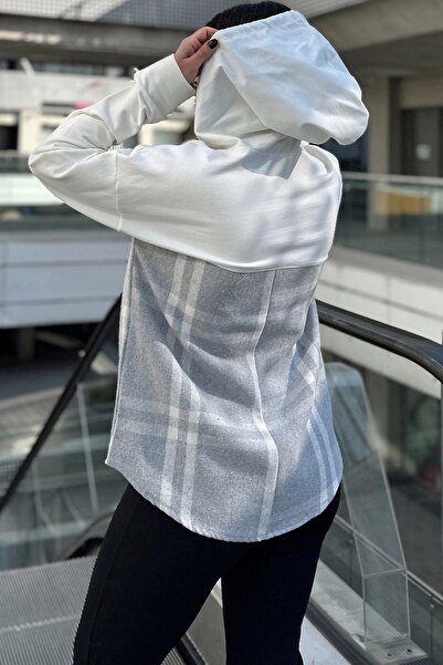 NEW LAVİVA Women's Ecru & Gray Plaid Garnished, Relaxed Fit, Hooded Two Thread Sweatshirt