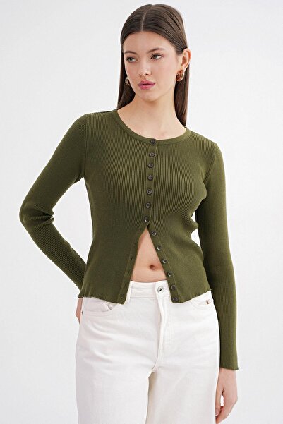 Mixray Women's Corded Knitwear Cardigan Khaki 6931 Buttoned