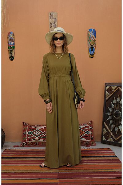 Fatma Atasoy Tunnel Gathered Oil Green Cotton Dress