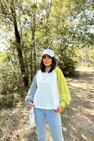 NEW LAVİVA Γυναικείο λευκό μακρύ μανίκι με μπαλόνι, στρογγυλή λαιμόκοψη, μανίκια διπλό χρώμα μπλούζα Basic φούτερ