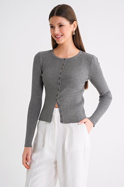Mixray 6931 Women's Buttoned Ribbed Knitwear Cardigan Anthracite