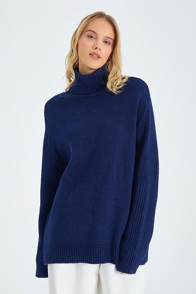 Mixray 6907 Pulover de tricotaj cu detalii pentru damă, bleumarin