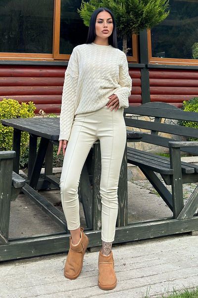 NEW LAVİVA Ecru High Waist, Elastic Back, Stretchy Leather Leggings