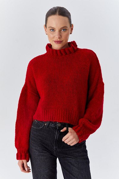 Mixray 6883 Model Red Women's Crop Knitwear Sweater - Ruffle Detail