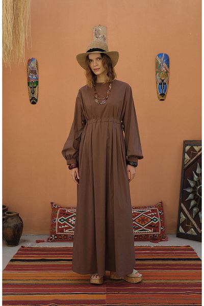 Fatma Atasoy Tunnel Gathered Brown Cotton Dress