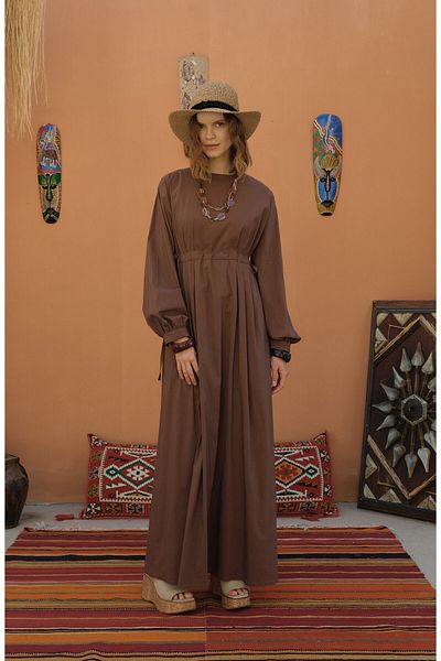 Fatma Atasoy Tunnel Gathered Brown Cotton Dress