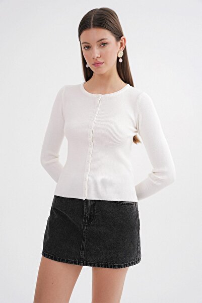 Mixray 6931 Women's Buttoned Ribbed Knitwear Cardigan White