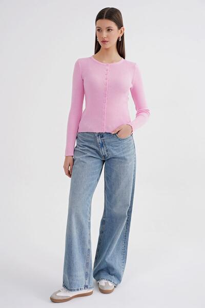 Mixray 6931 Women's Ribbed Buttoned Knitwear Cardigan (Pink)