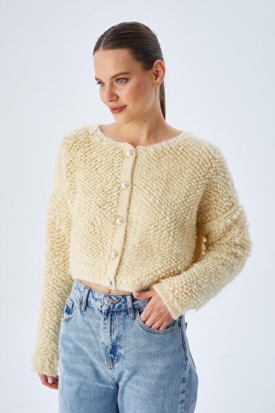 Mixray 6873 Model Soft Knitwear Cardigan - Women's Natural Patterned Towel