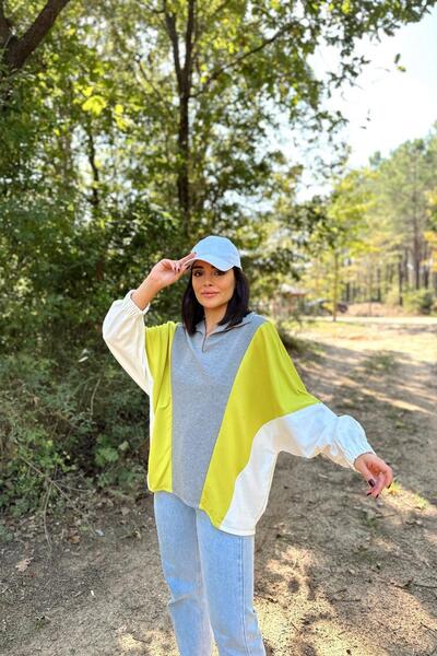 NEW LAVİVA Γυναικείο γκρι λαιμό πόλο, μακρύ μανίκι νυχτερίδας, ελαστική μανσέτα, ασύμμετρο μπλοκ χρώματος, φαρδιά μπλούζα φούτερ