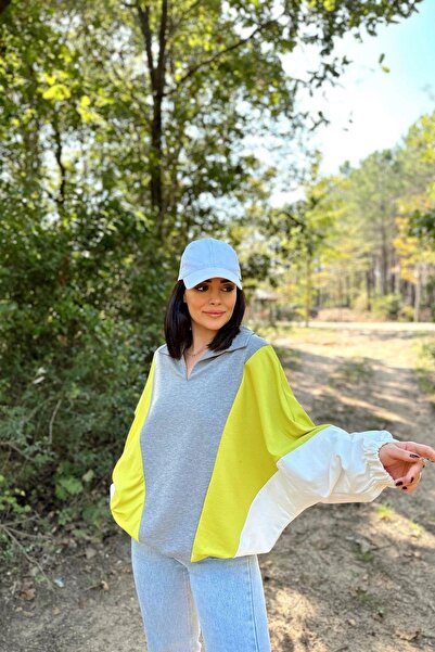 NEW LAVİVA Γυναικείο γκρι λαιμό πόλο, μακρύ μανίκι νυχτερίδας, ελαστική μανσέτα, ασύμμετρο μπλοκ χρώματος, φαρδιά μπλούζα φούτερ