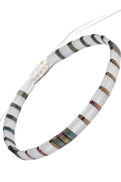 NAZLI TAKILAR Women's White Khaki Colors Copper Detailed Adjustable Lilac Bracelet