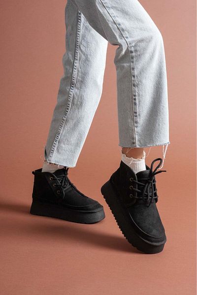 Esilapark Black Mini Suede Boots - Ultra Mini, Thick Sole and Lace-Up Fur Detail