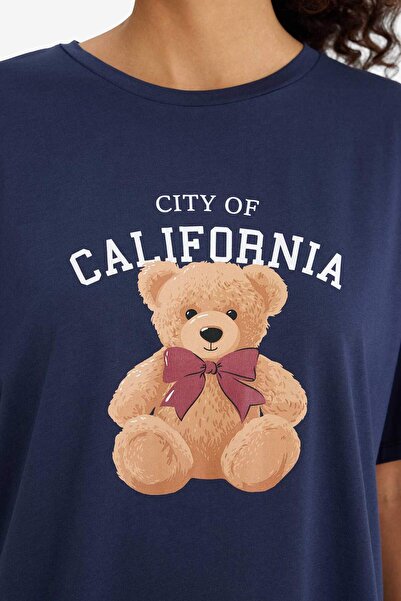 DeFacto Regular Fit Pajama Set Teddy Bear Printed Short Sleeve Top Checked Bottom-Fall in Love F4016Ax25Au