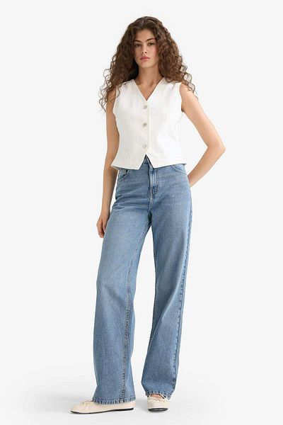 DeFacto Παντελόνι 90s Wide Leg Ψηλόμεσο Μακρύ Τζιν Με Ξεθωριασμένο Φινίρισμα E9115ax25au