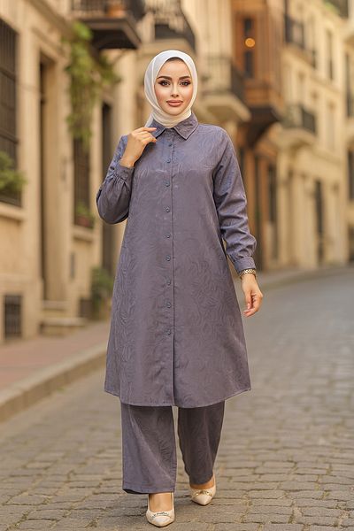 N.S NEVA STYLE Patterned Dark Lilac Hijab Double Set 12981Klila