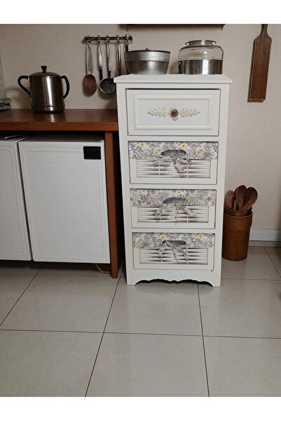 Özkar Ahşap 4 Çekmeceli Hasır Görünümlü Sebzelik Beyaz