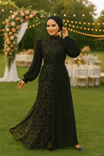 Neva Style فستان سهرة شيفون مزين بالترتر الذهبي للحجاب 5516 ذهبي
