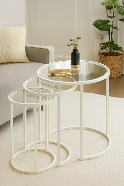 DEKOPRATİK Alya Zigon Sehpa Üçlü Dekoratif Yan Sehpa - Şeffaf Camlı - Beyaz