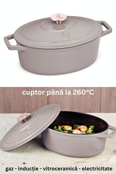 Berlinger Oală din fontă cu capac, tavă de copt, vas pentru cuptor, 30 cm, colecție Taupe, ceramică, cu inducție pe gaz, El