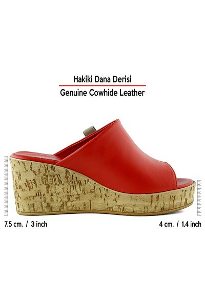 Erkan Saçmacı Fitoria Red Genuine Calf Leather Open Front Cork Sole Look Wedge Heeled Slippers
