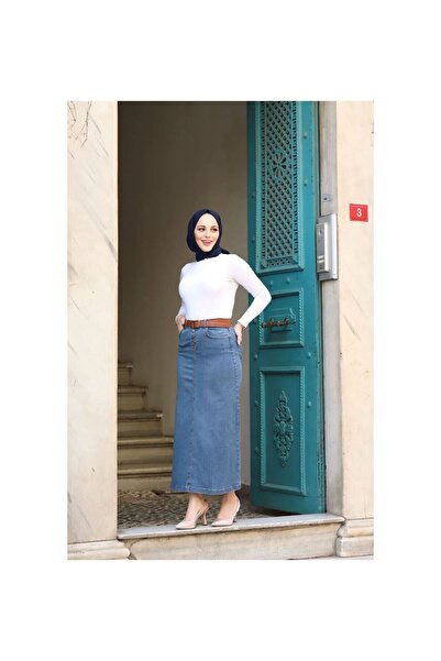 vl vellichor Doğal Kumaşlı Kemerli Kot Etek MAVİ