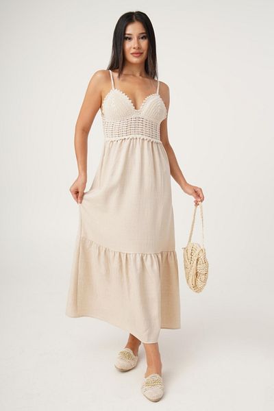 Safgiyim44 Thin Strap Embroidery Detailed Dress Beige Color
